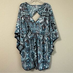 Cacique Swim Coverup Bohemian Blue Black Paisley Tunic Plus Size Trim Beach